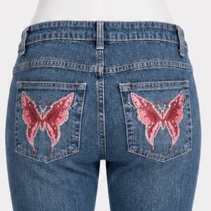 Y2K Pink Butterfly Pockets Med Wash Flare Jeans, Low Rise, Fairycore, Bratz SZ 5